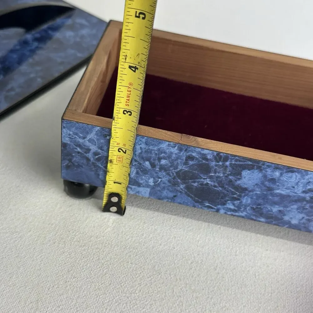 Modern Times Blue Marbled Wooden Keepsake Jewelry Box Velvet Lined With Feet